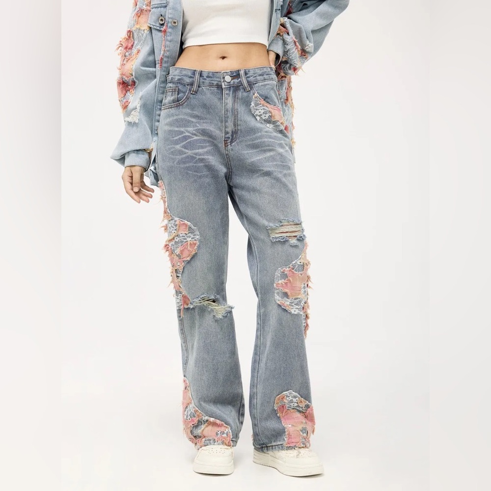 Aelfric Eden Distressed Lace Patchwork Baggy Wide Leg Jeans Size 29 NWT - Picture 13 of 15